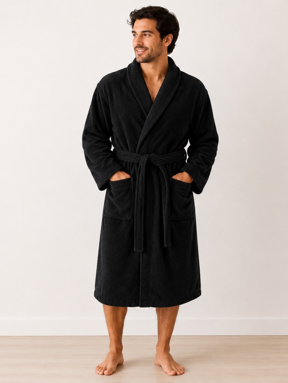 Black Bathrobe 100% Cotton Unisex Soft Spa Robe S/M Turkish Towel Belted Pockets - Picture 7 of 7